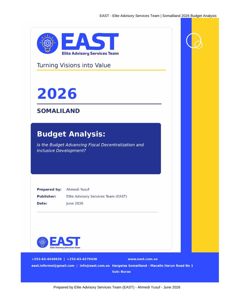 Cover of EAST Somaliland 2026 Budget Analysis by Ahmedi Yusuf